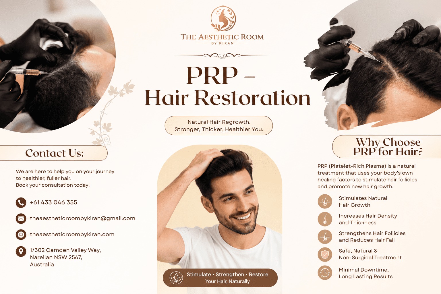 Hair Loss Treatment In Gregory Hills Australia with advanced PRP hair restoration and scalp rejuvenation at The Aesthetic Room by Kiran