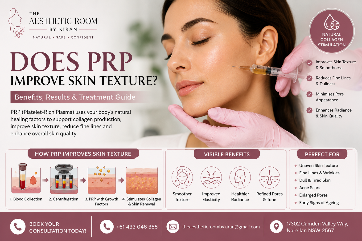 Does PRP improve skin texture through collagen stimulation and natural facial rejuvenation at The Aesthetic Room by Kiran