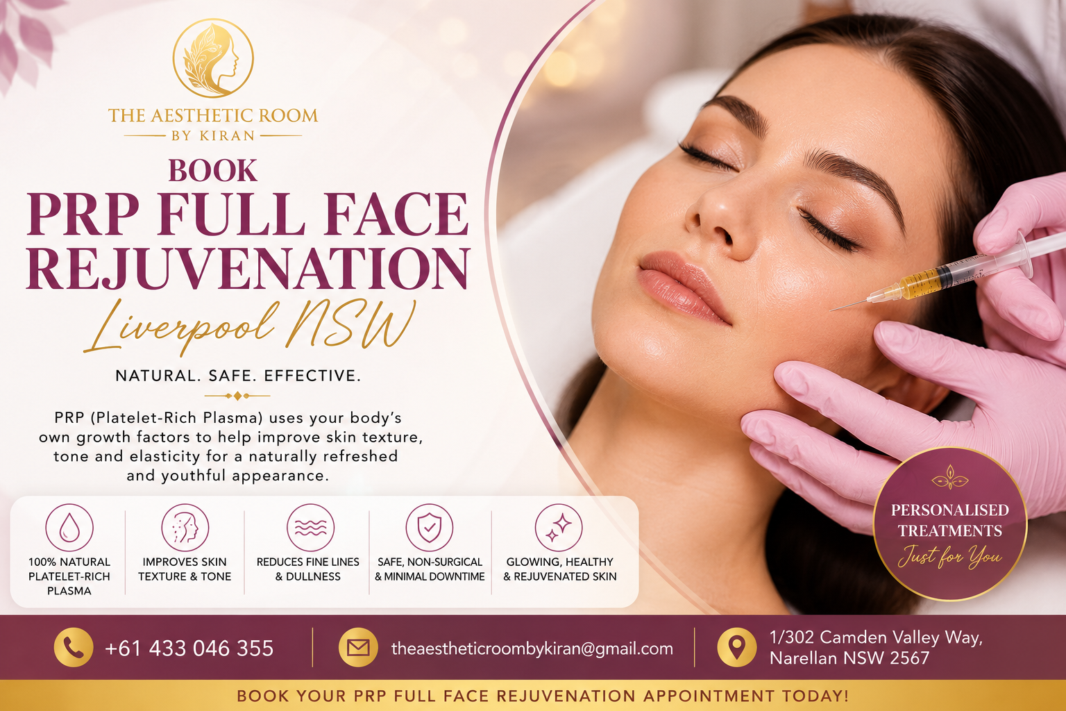 Book PRP Full Face Rejuvenation Liverpool NSW at The Aesthetic Room by Kiran