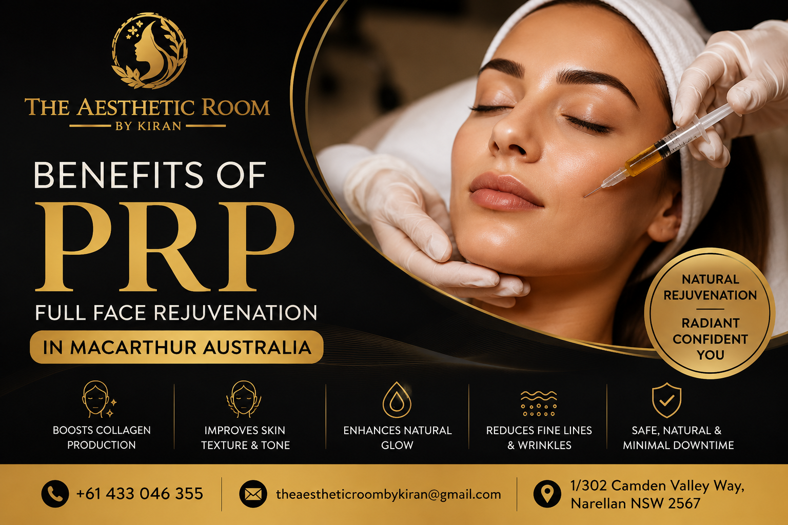 Benefits of PRP – Full Face Rejuvenation in MacArthur Australia using advanced platelet-rich plasma therapy for natural skin rejuvenation, collagen stimulation, and youthful facial appearance.