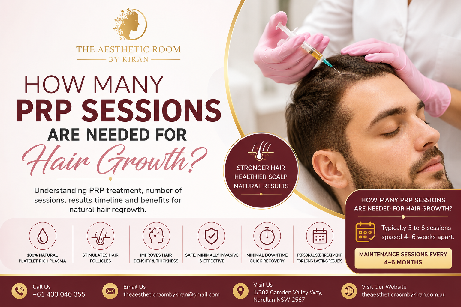 How many PRP sessions are needed for hair growth? Expert PRP hair restoration treatment at The Aesthetic Room by Kiran in Narellan NSW