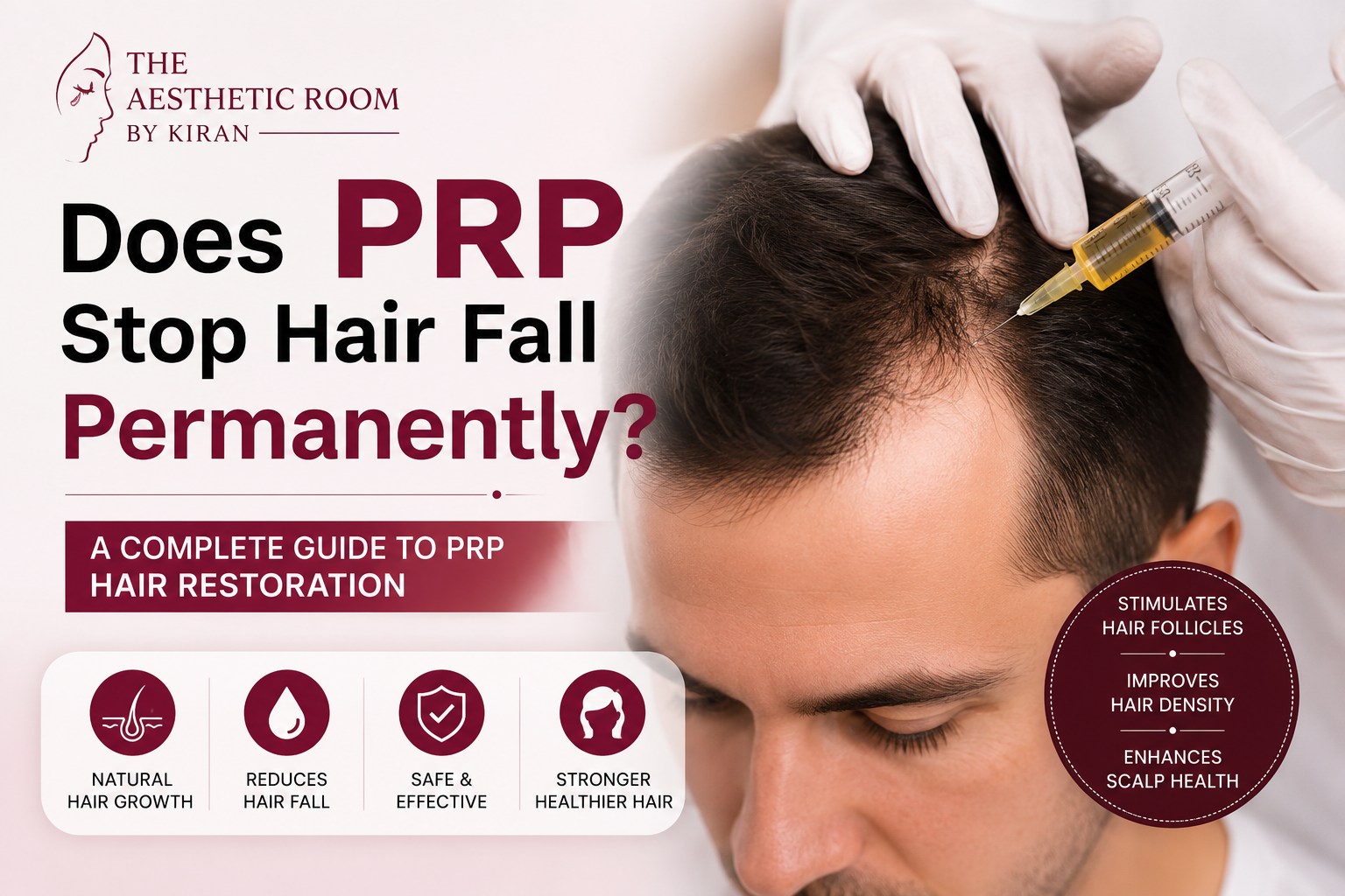 Does PRP stop hair fall permanently? Learn how PRP Hair Restoration helps reduce hair fall, stimulate natural hair growth, and improve hair density at The Aesthetic Room by Kiran.