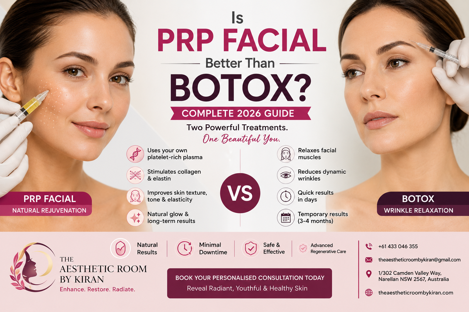 Is PRP Facial Better Than Botox? PRP Facial vs Botox comparison for natural skin rejuvenation, collagen stimulation, wrinkle reduction, and youthful skin at The Aesthetic Room by Kiran