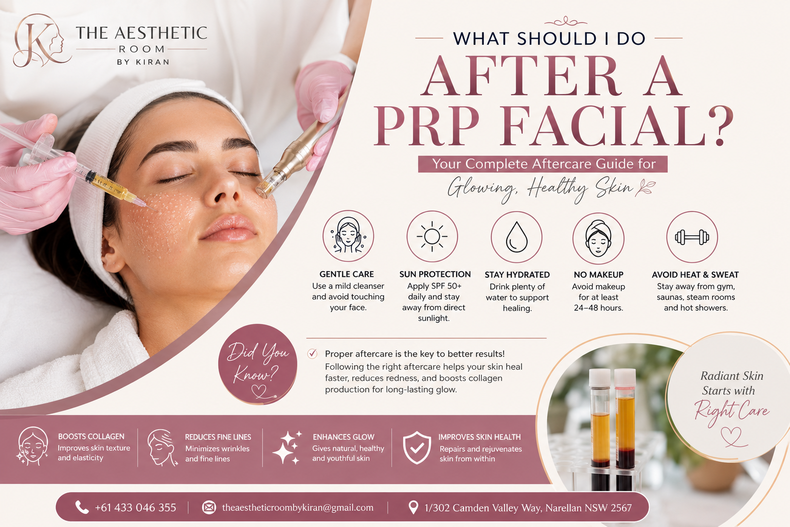 Woman receiving PRP facial treatment with microneedling showing PRP facial aftercare and skin rejuvenation at The Aesthetic Room by Kiran in Narellan NSW