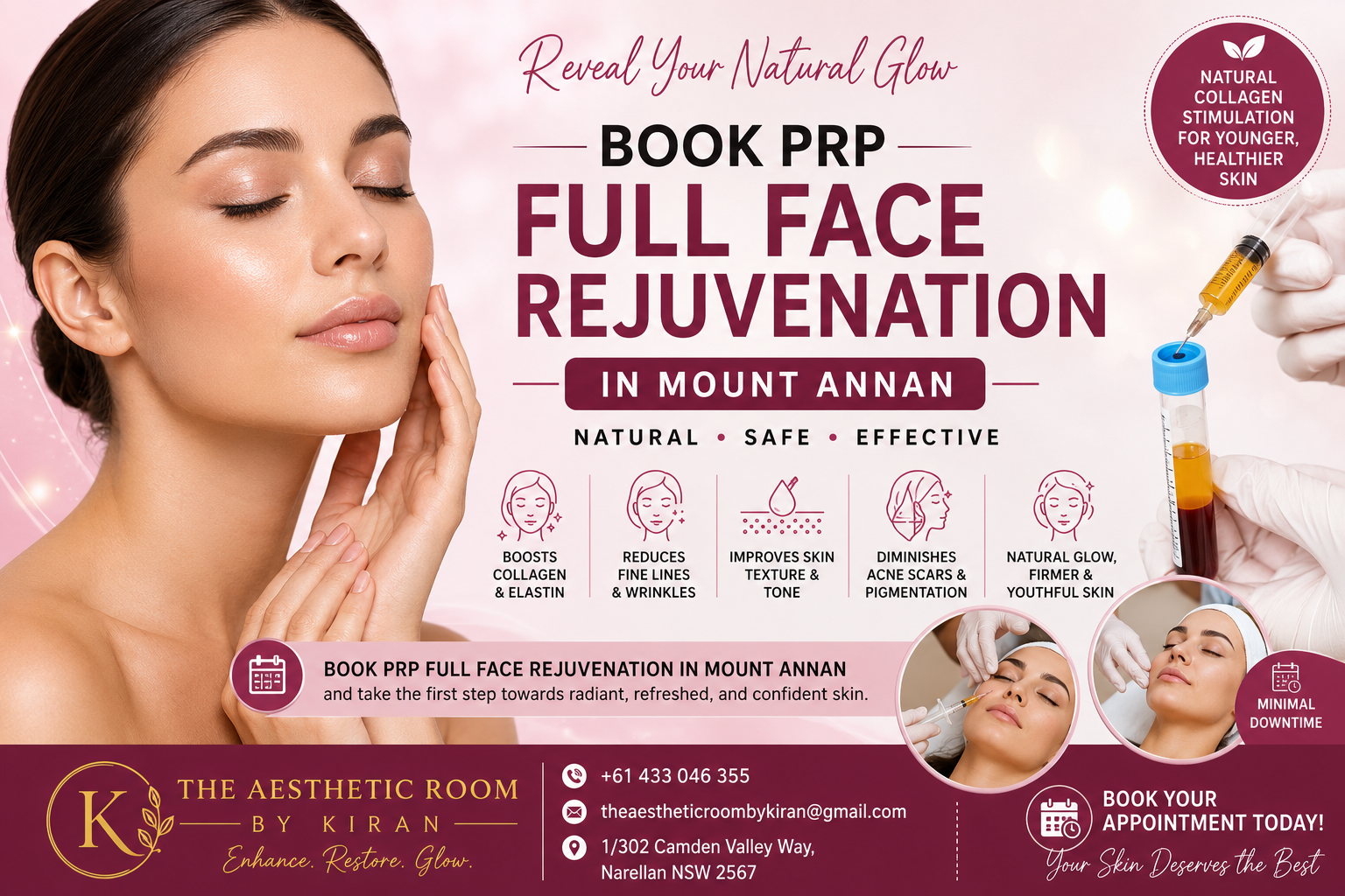 Book PRP Full Face Rejuvenation in Mount Annan at The Aesthetic Room by Kiran featuring PRP facial rejuvenation, collagen stimulation, youthful glowing skin, anti-ageing treatment, and regenerative aesthetic therapy.
