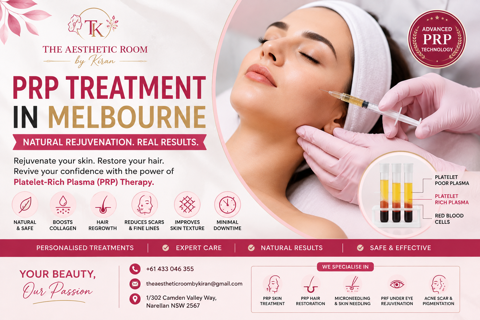 PRP Treatment in Melbourne for natural skin rejuvenation, acne scar treatment, anti-ageing, collagen stimulation, and hair restoration at The Aesthetic Room by Kiran.